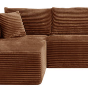 Brown corduroy sectional sofa with a pillow on a white background