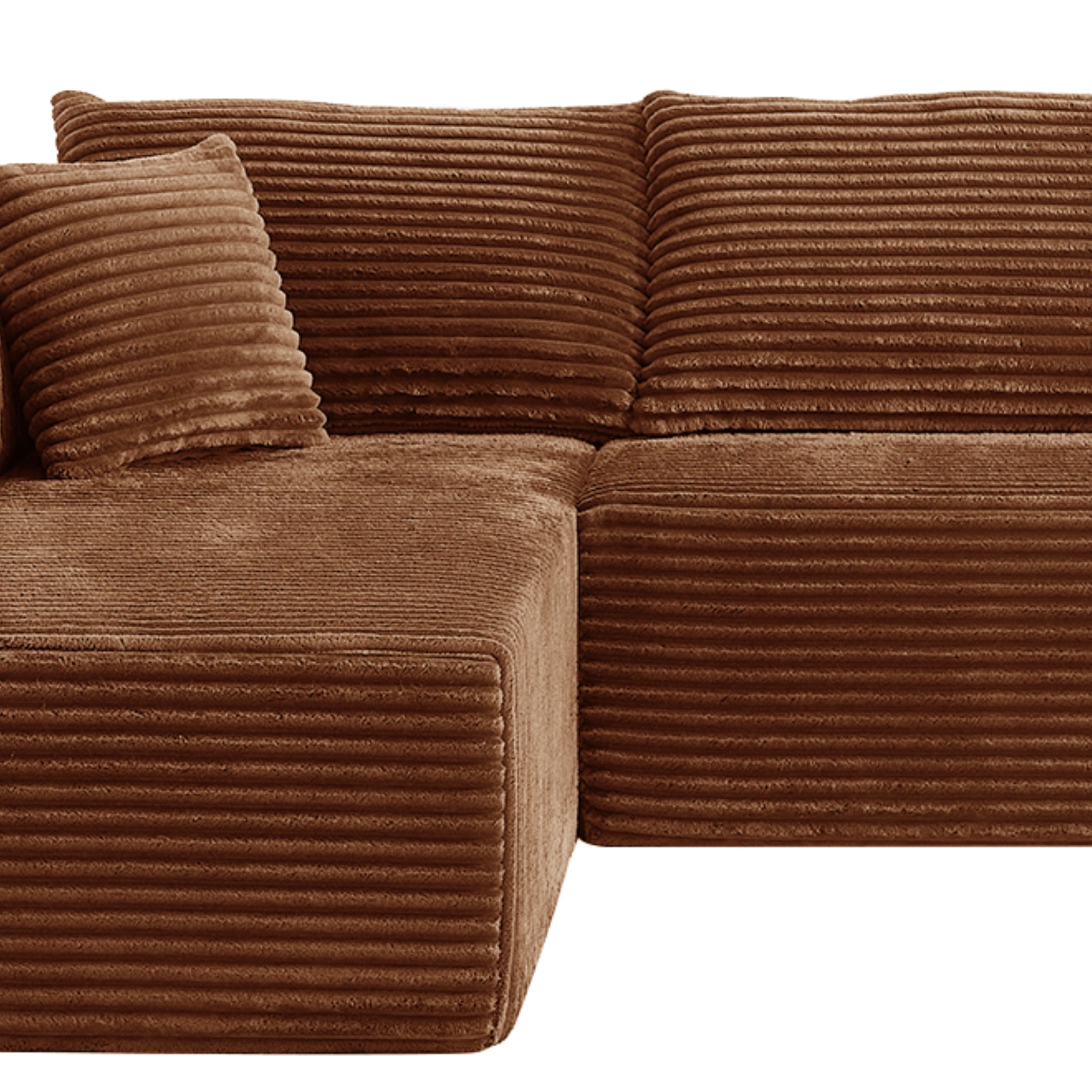 Brown corduroy sectional sofa with a pillow on a white background