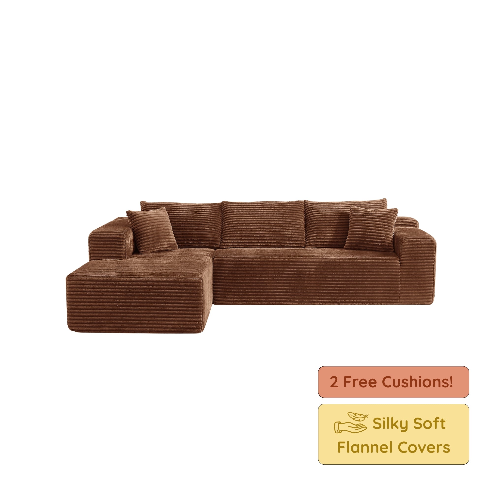 Brown sectional sofa with free cushions offer on a white background