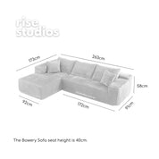 Measurement chart of a sectional sofa with dimensions labeled, featuring the 'rise studios' brand.