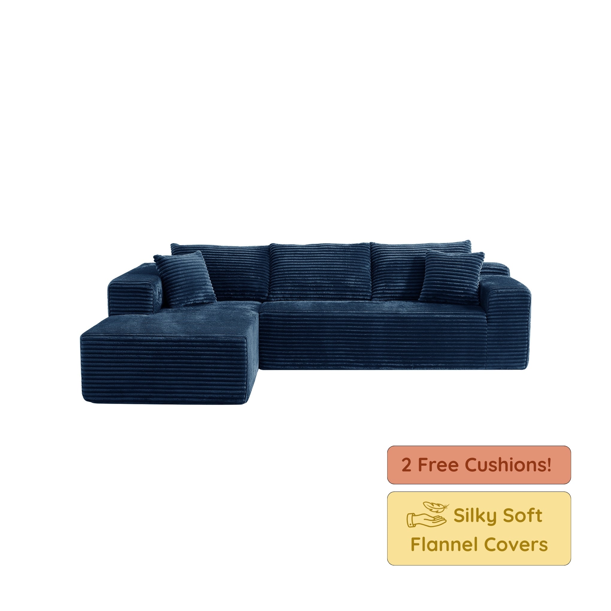 Navy blue sectional sofa with free cushions offer on a white background