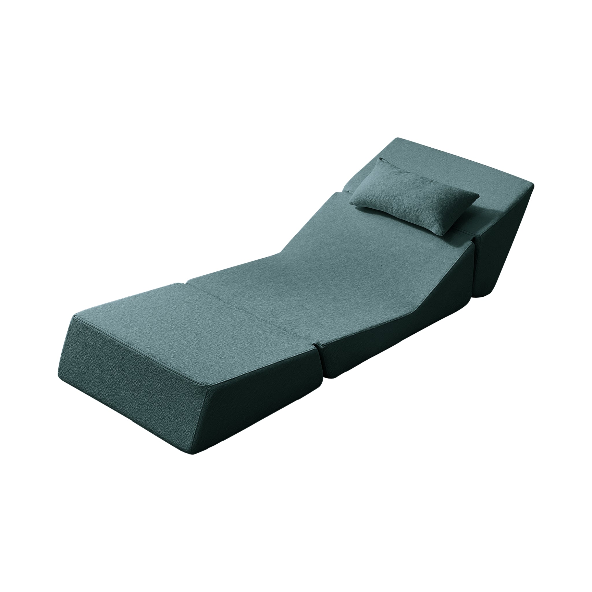 Green folding bed with a pillow on a white background