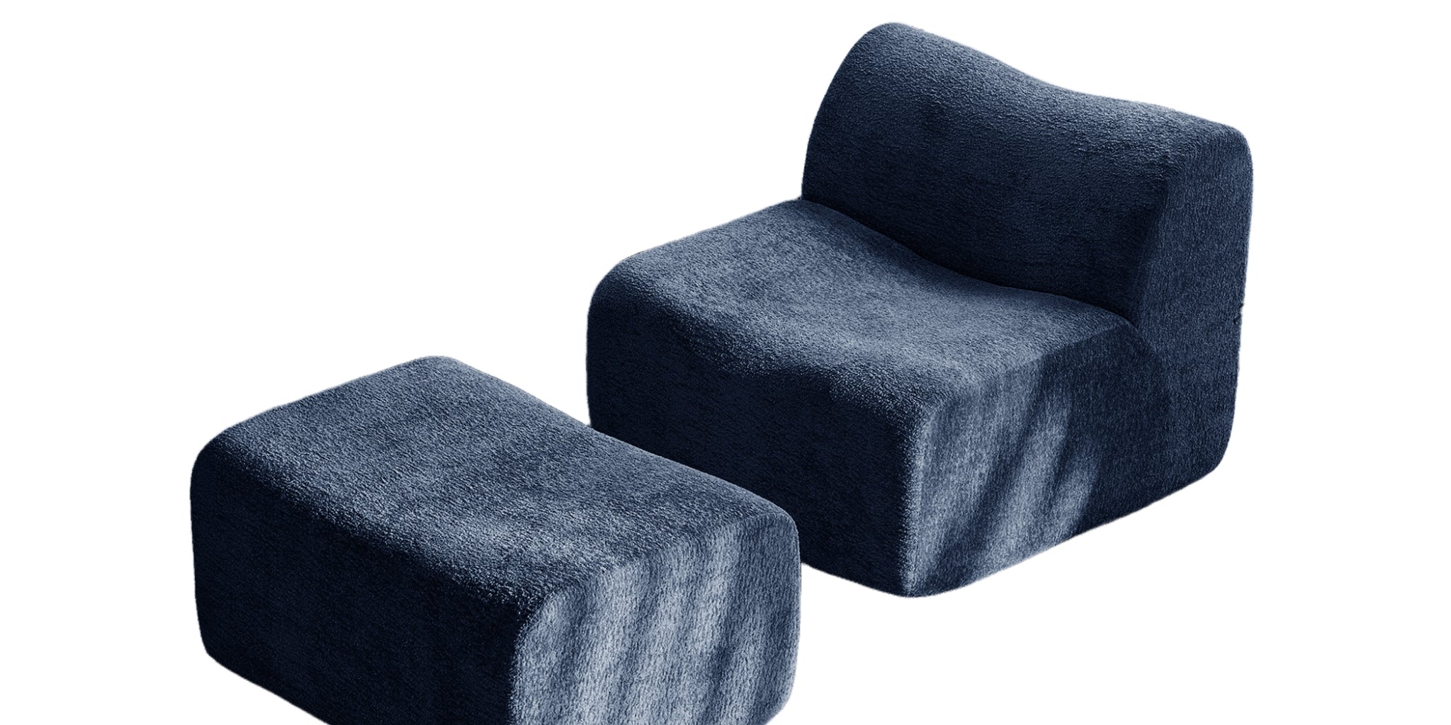 Blue modular chair and ottoman set on a white background