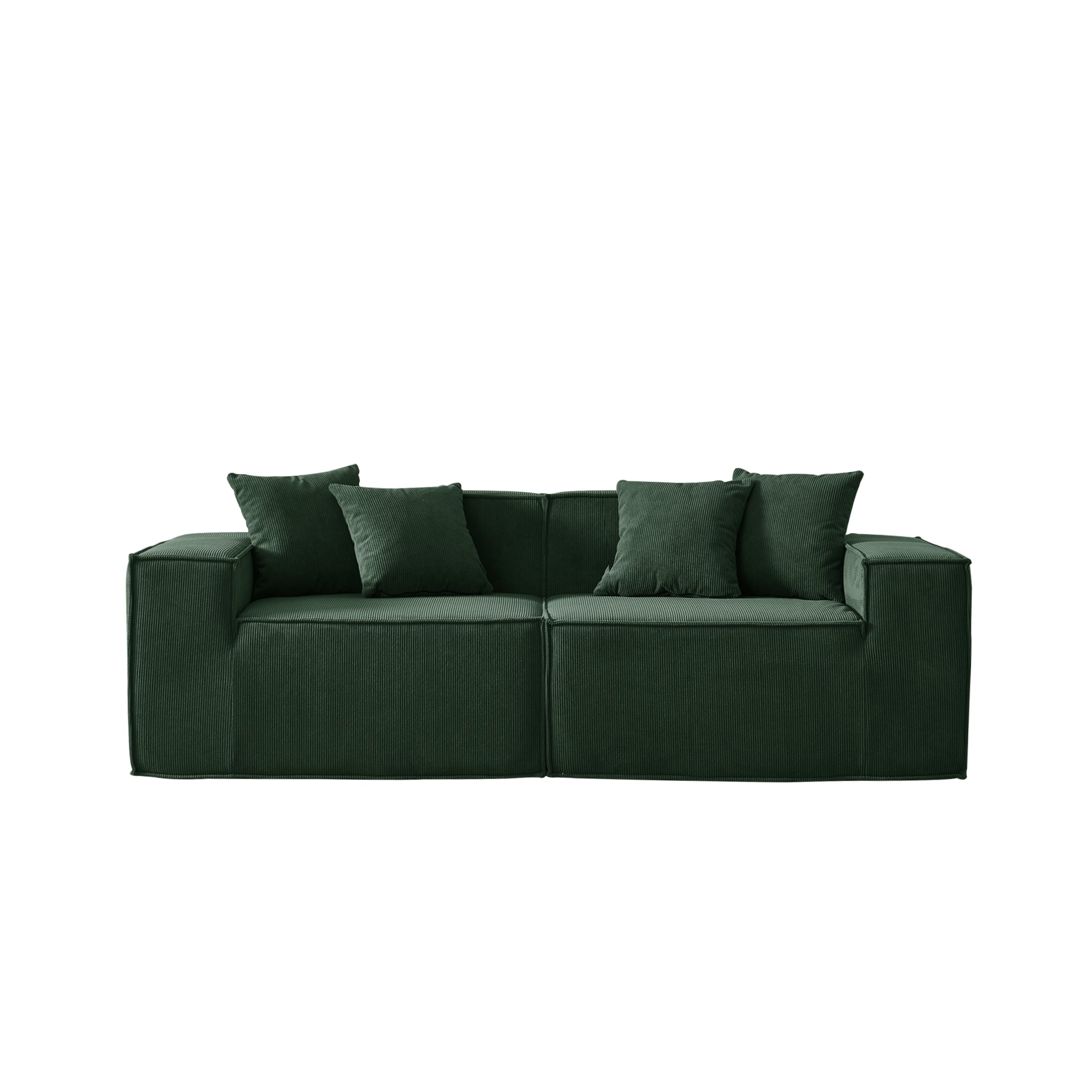 Green sofa with four cushions on a white background